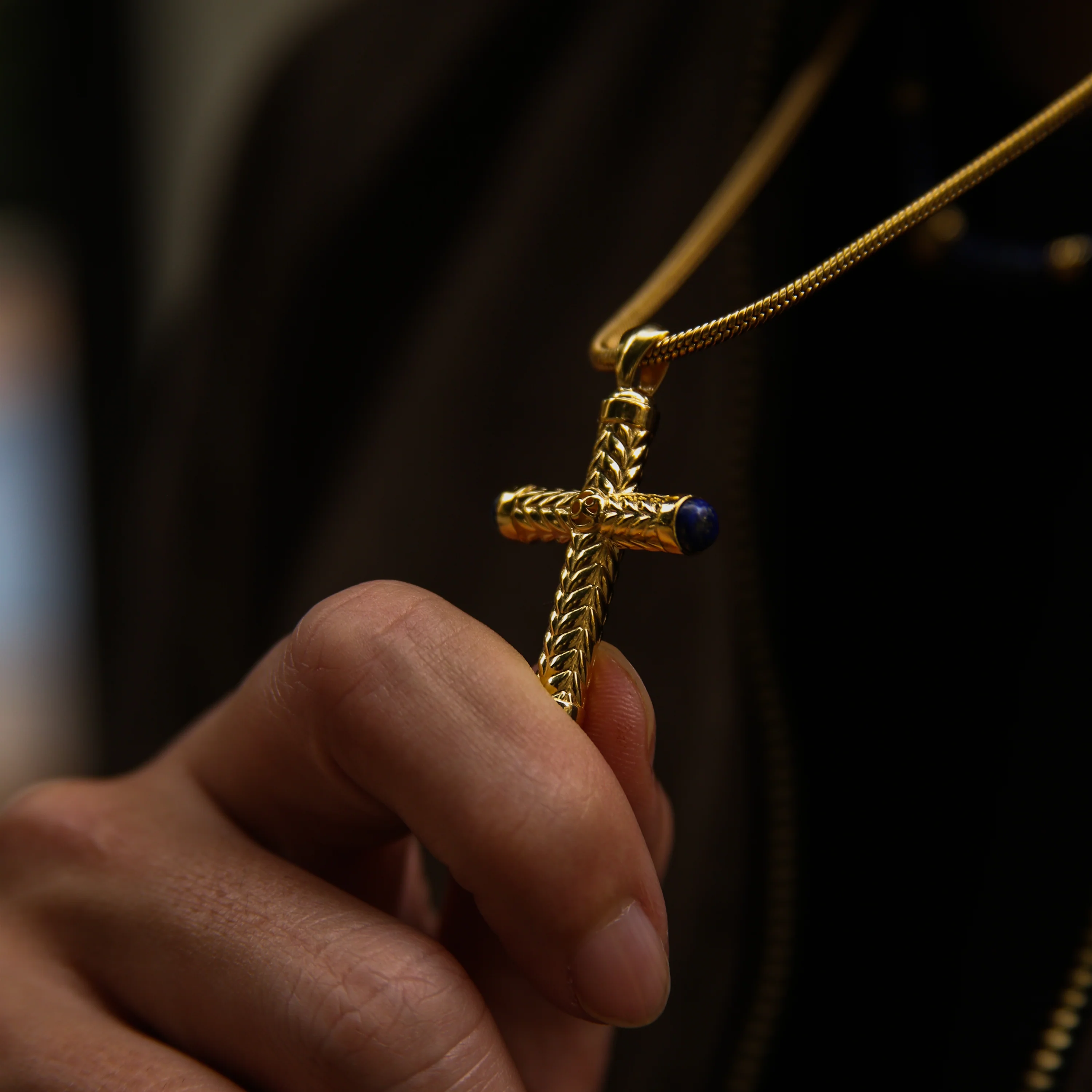 Gold Cross Pendant With Lapis Lazuli - Image 3
