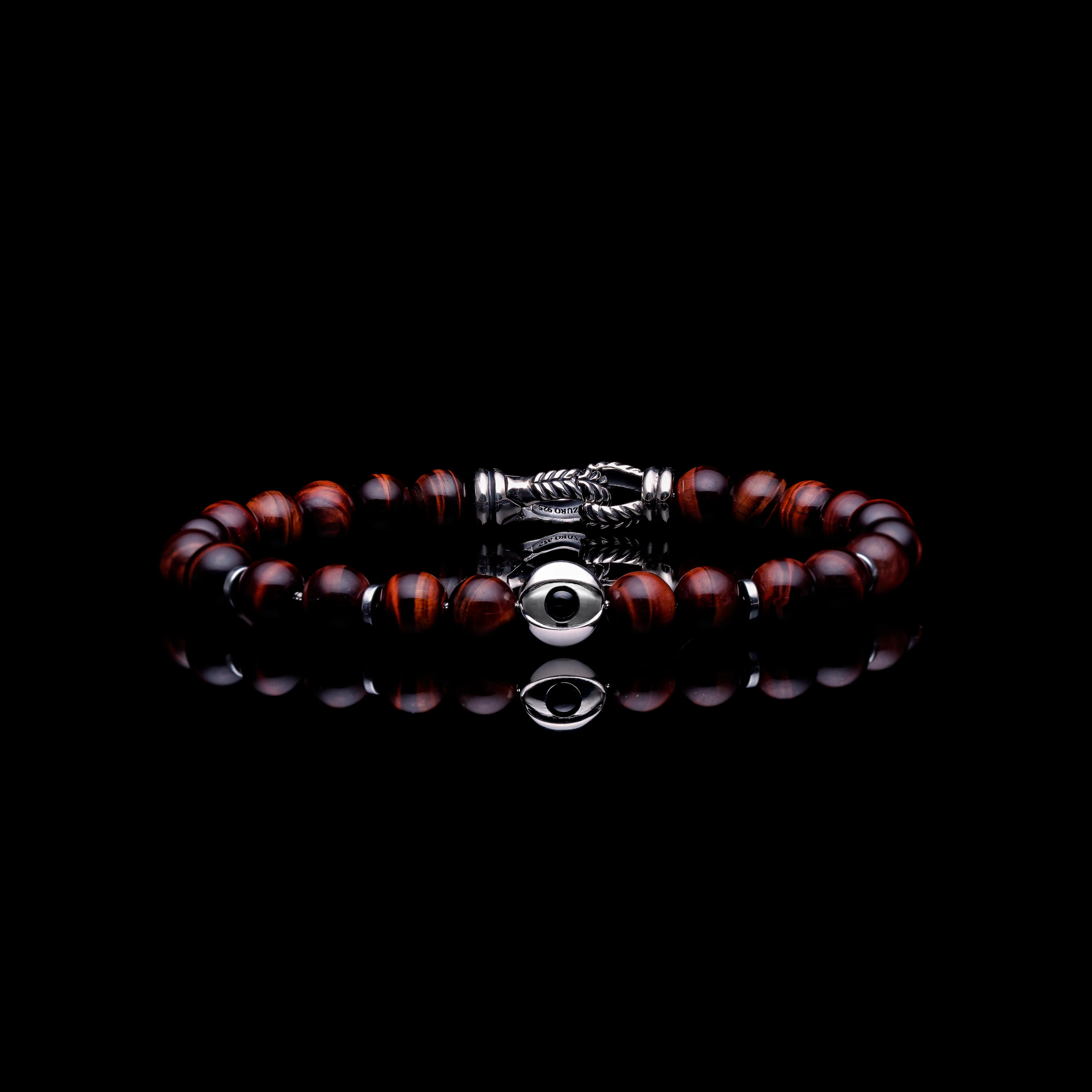 925 Silver Evil Eye Bracelet | Red Tiger Eye Beaded Bracelet In Laurel Clasp - Image 2