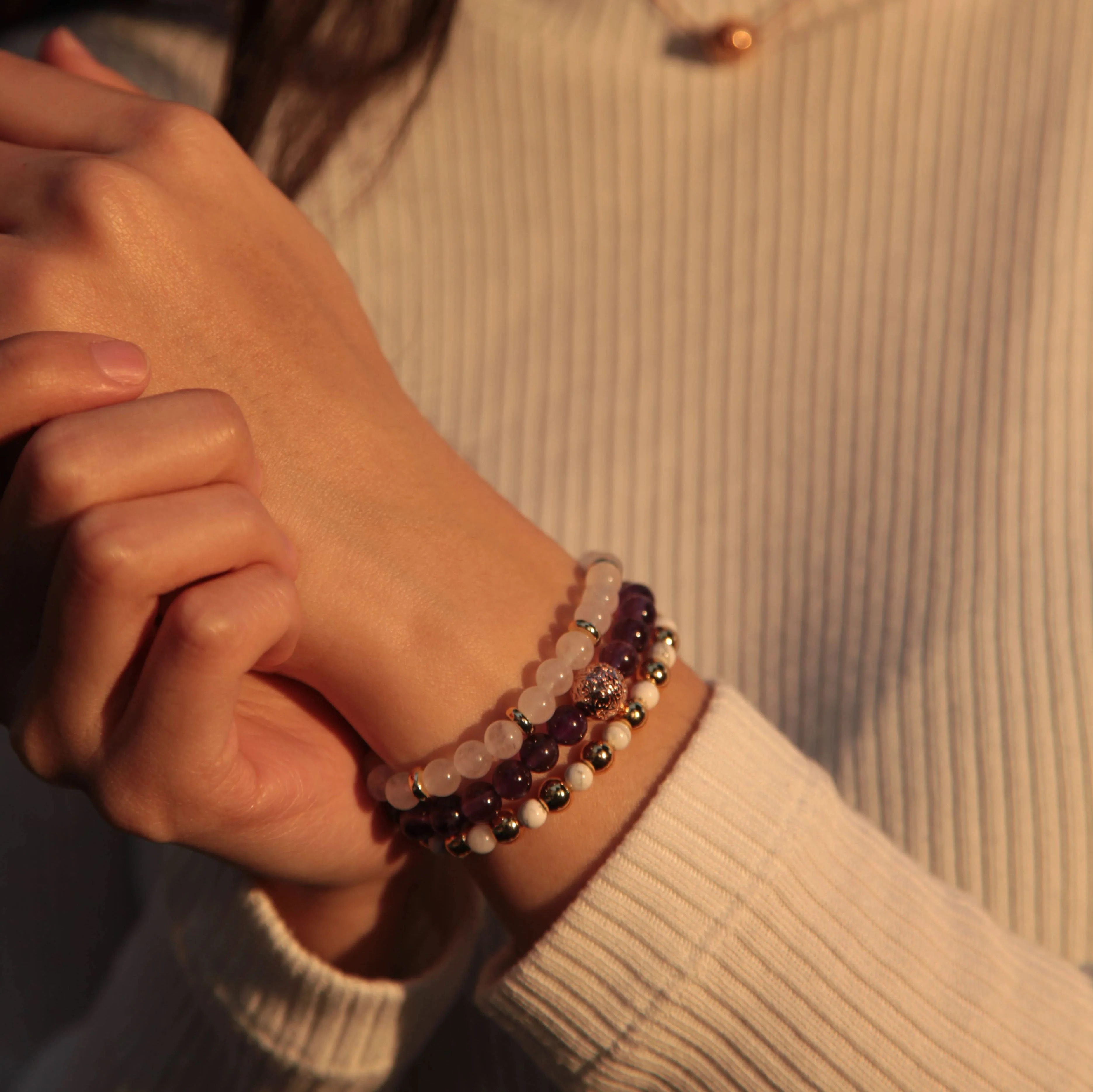 Amethyst Rose Gold Bracelet with Howlite and White Jade Bracelet - Image 4