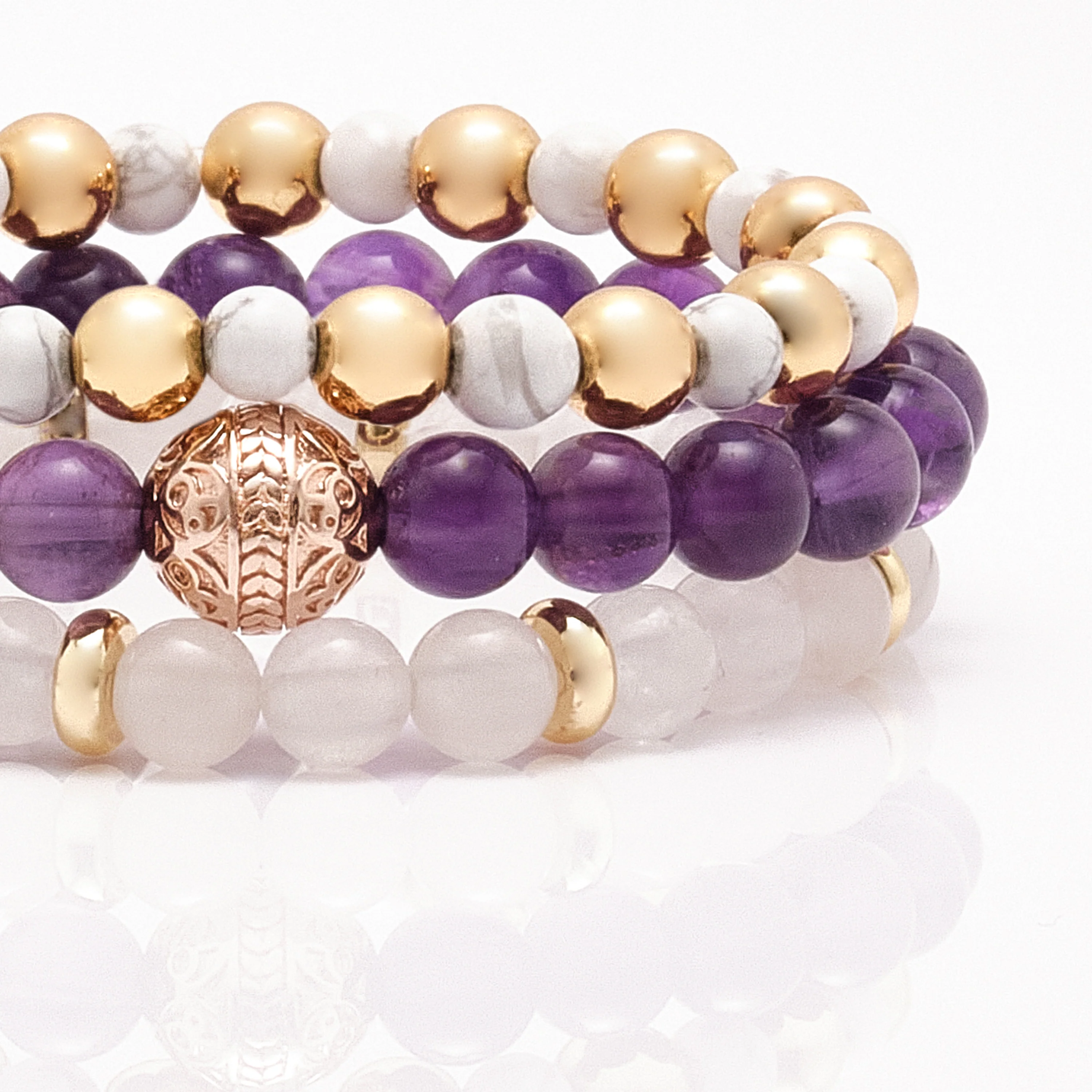 Amethyst Rose Gold Bracelet with Howlite and White Jade Bracelet - Image 7