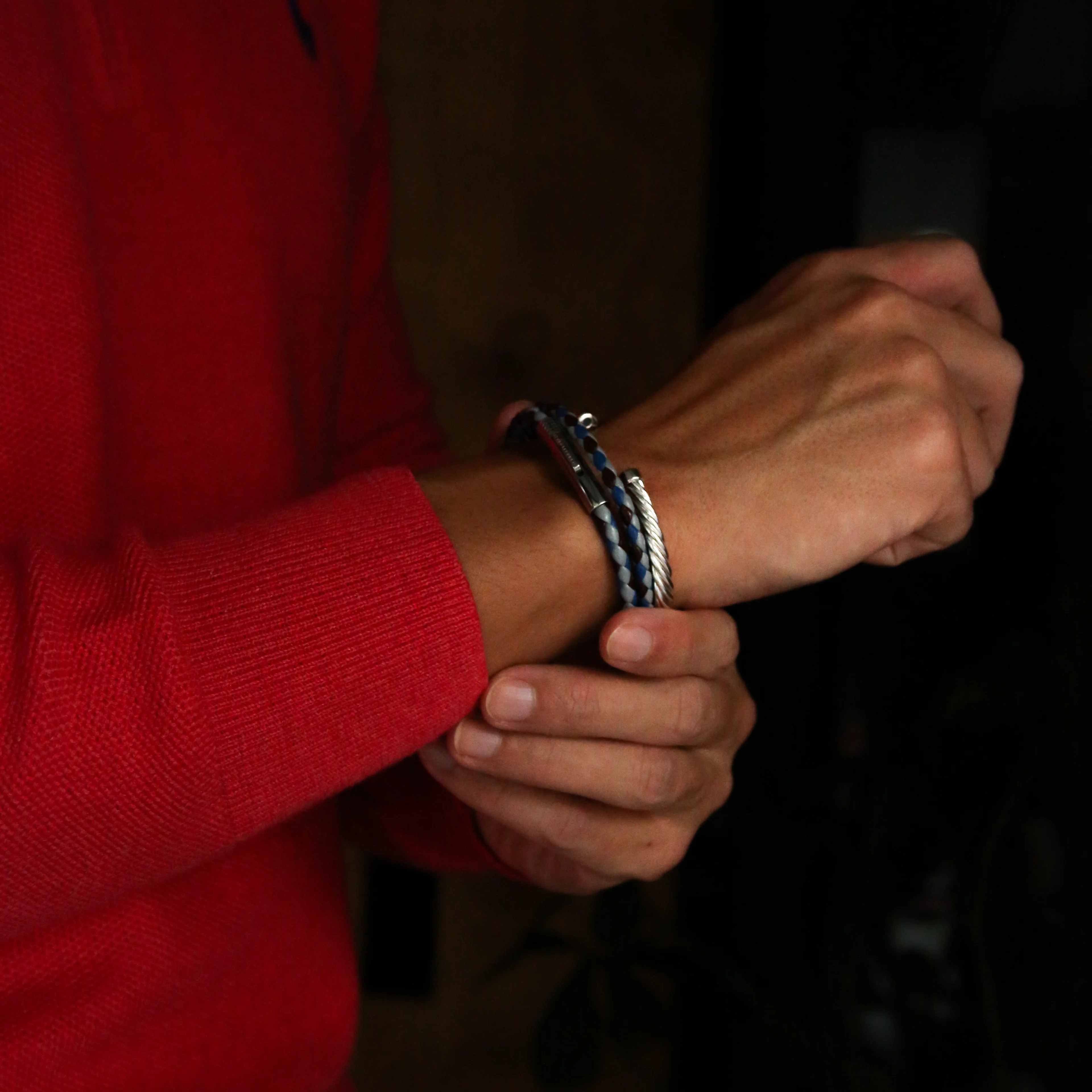 Blue, Red, Gray Leather Wrap Bracelet - Image 2