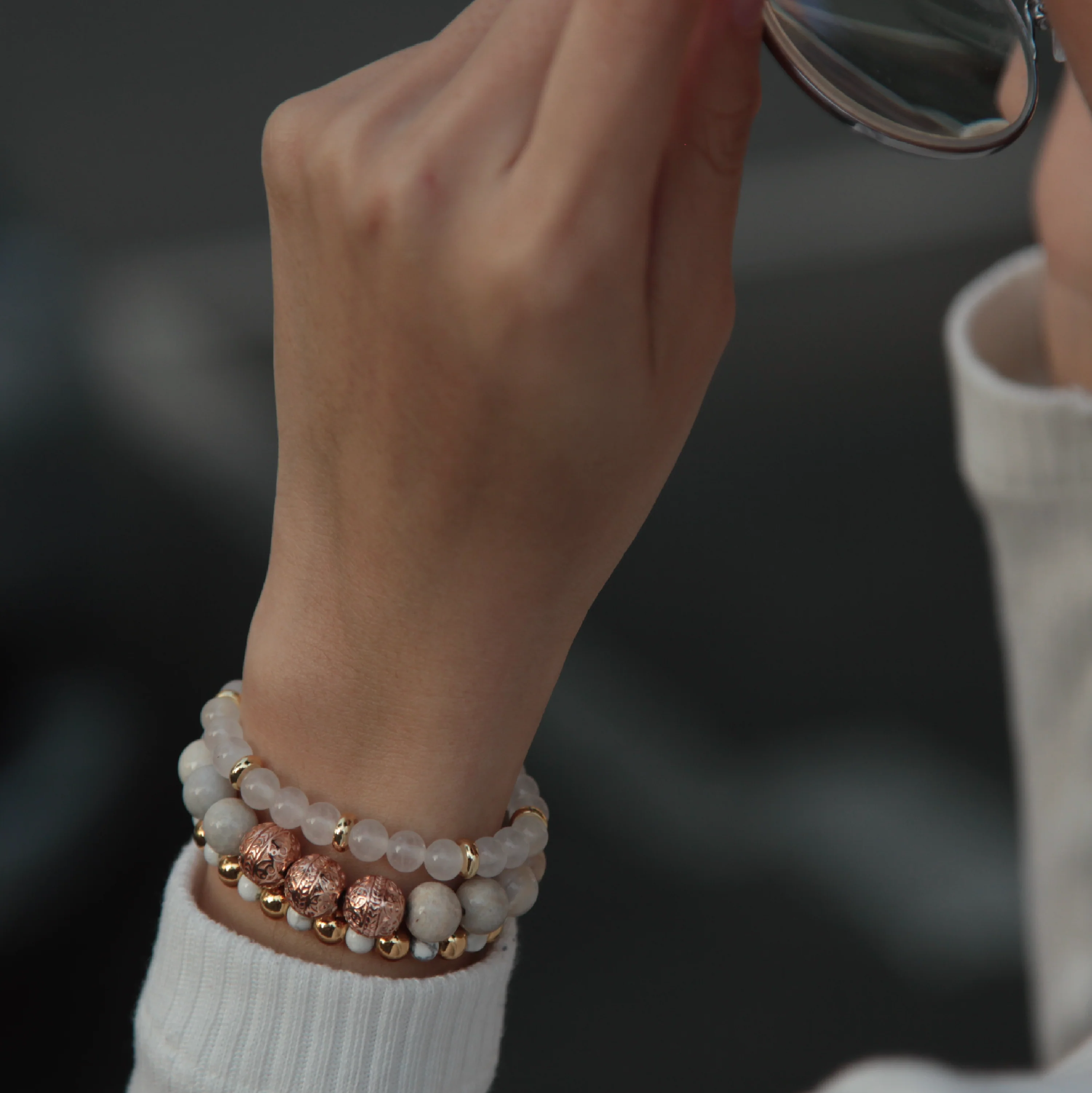 Rose Gold Chrysanthemum Bracelet with Howlite and White Jade Bracelet - Image 4