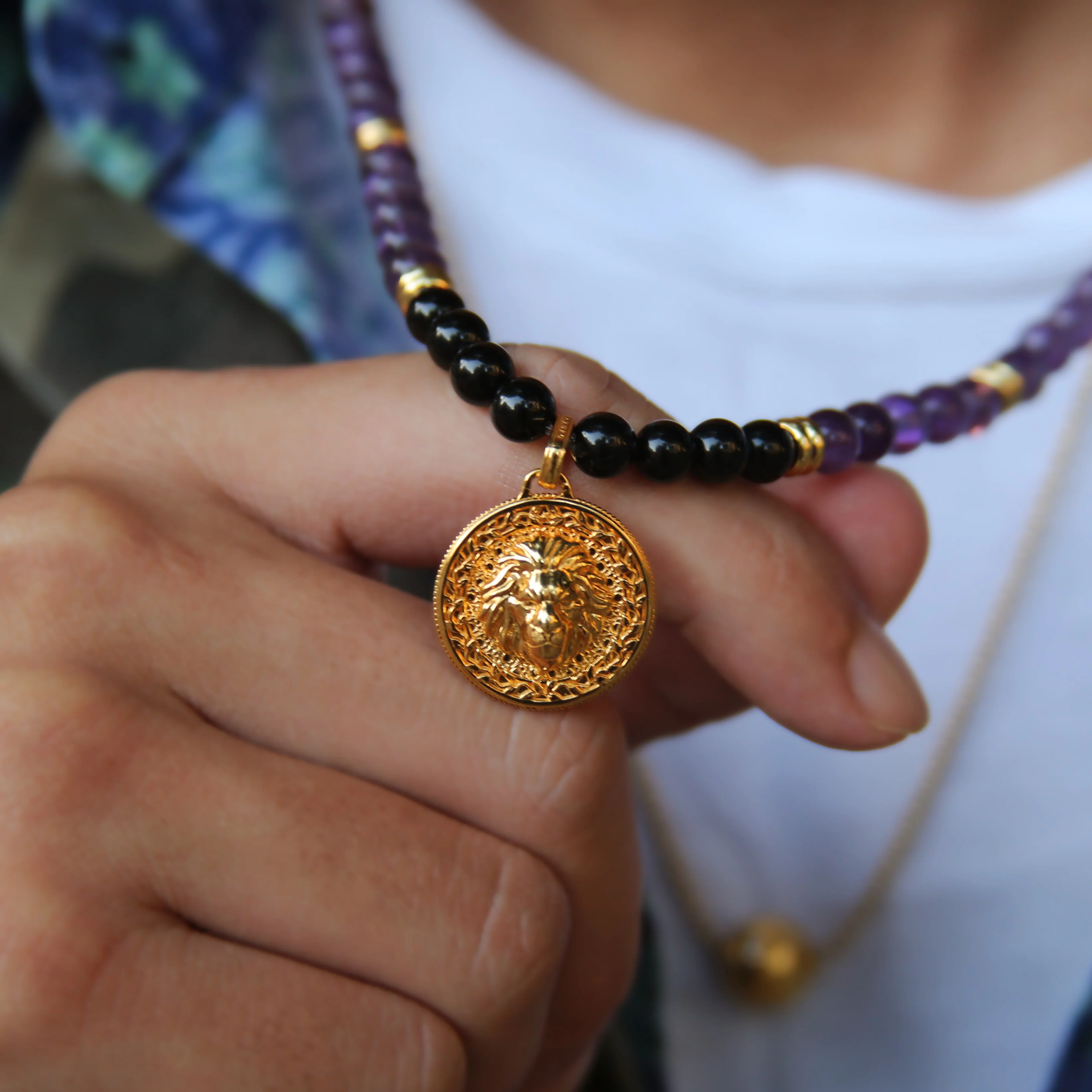 Gold Amethyst Beaded Pendant Necklace | Gold Pendants For Men - Image 7