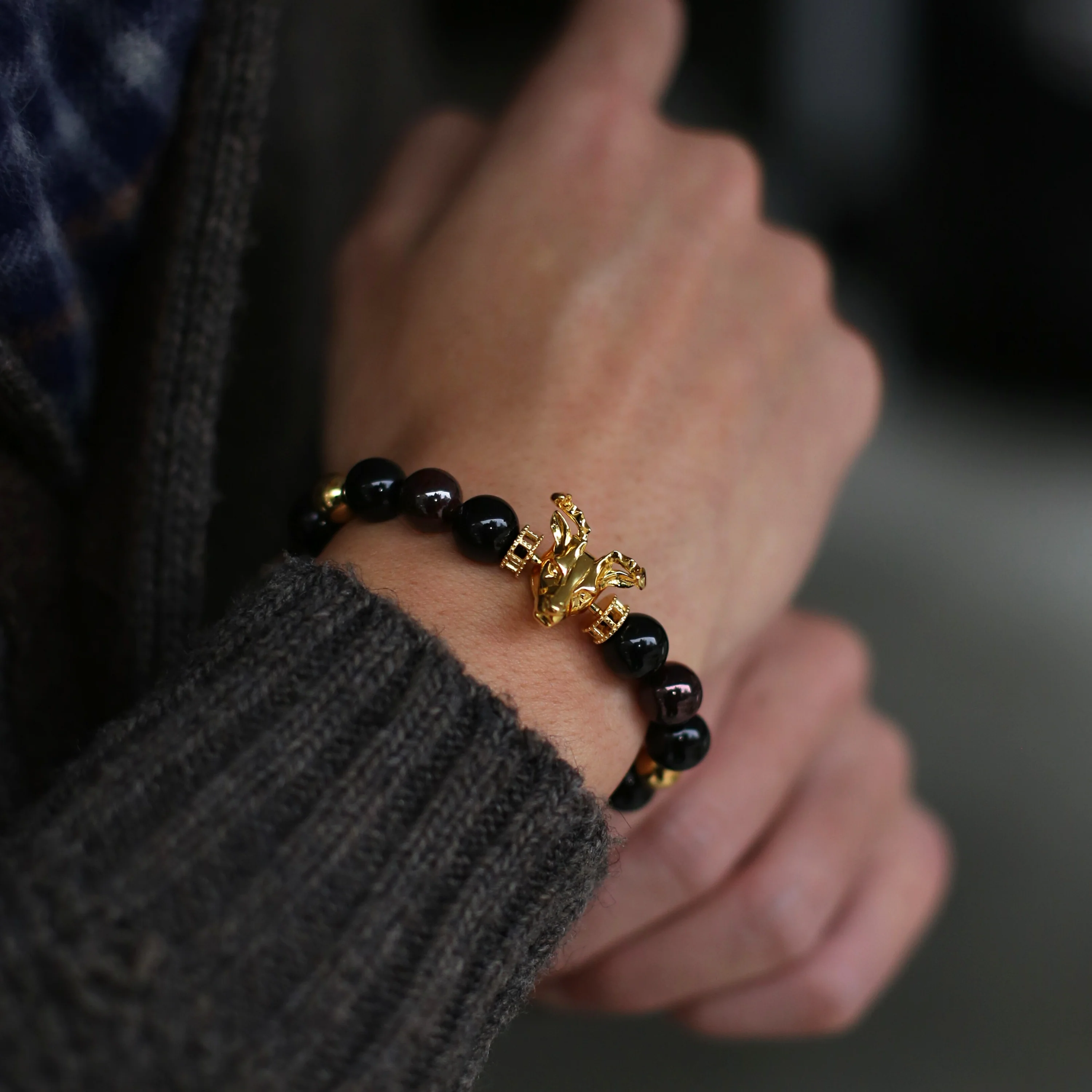 Gold Deer, obsidian, garnet bracelet with gold connector - Image 4