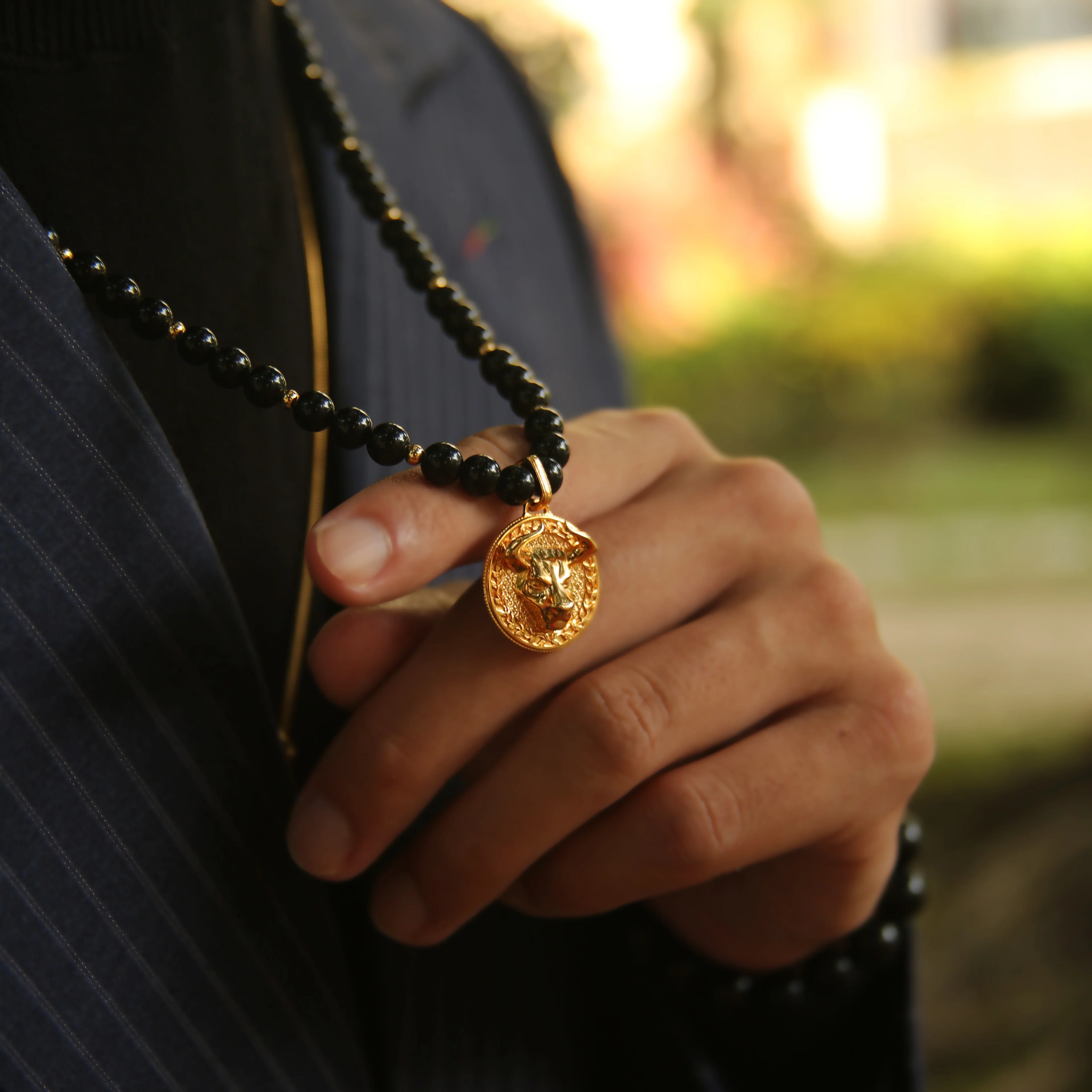 Gold Obsidian Beaded Necklace with Pendant - Image 6