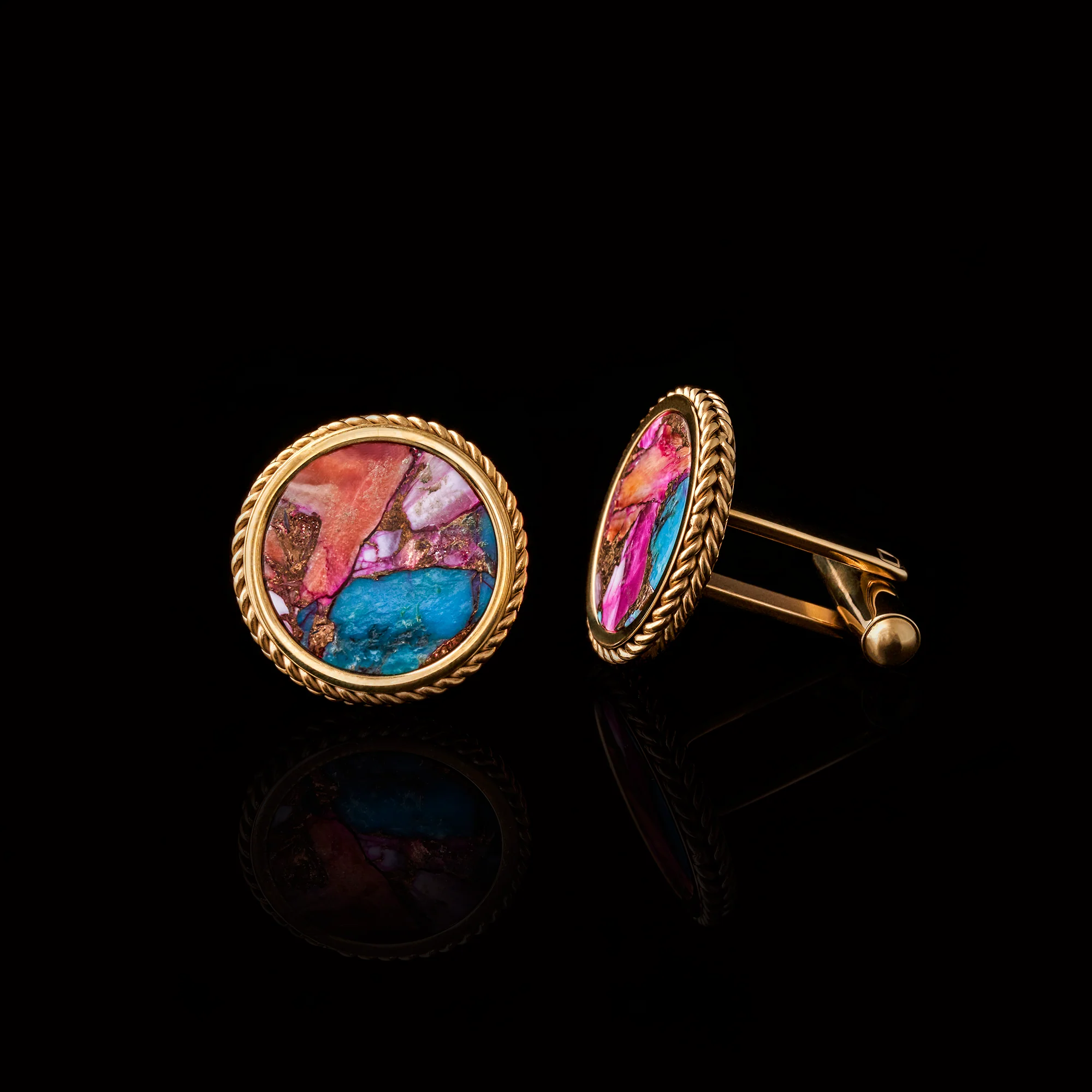 Gold Purple & Orange Copper Turquoise Leaf Cufflinks