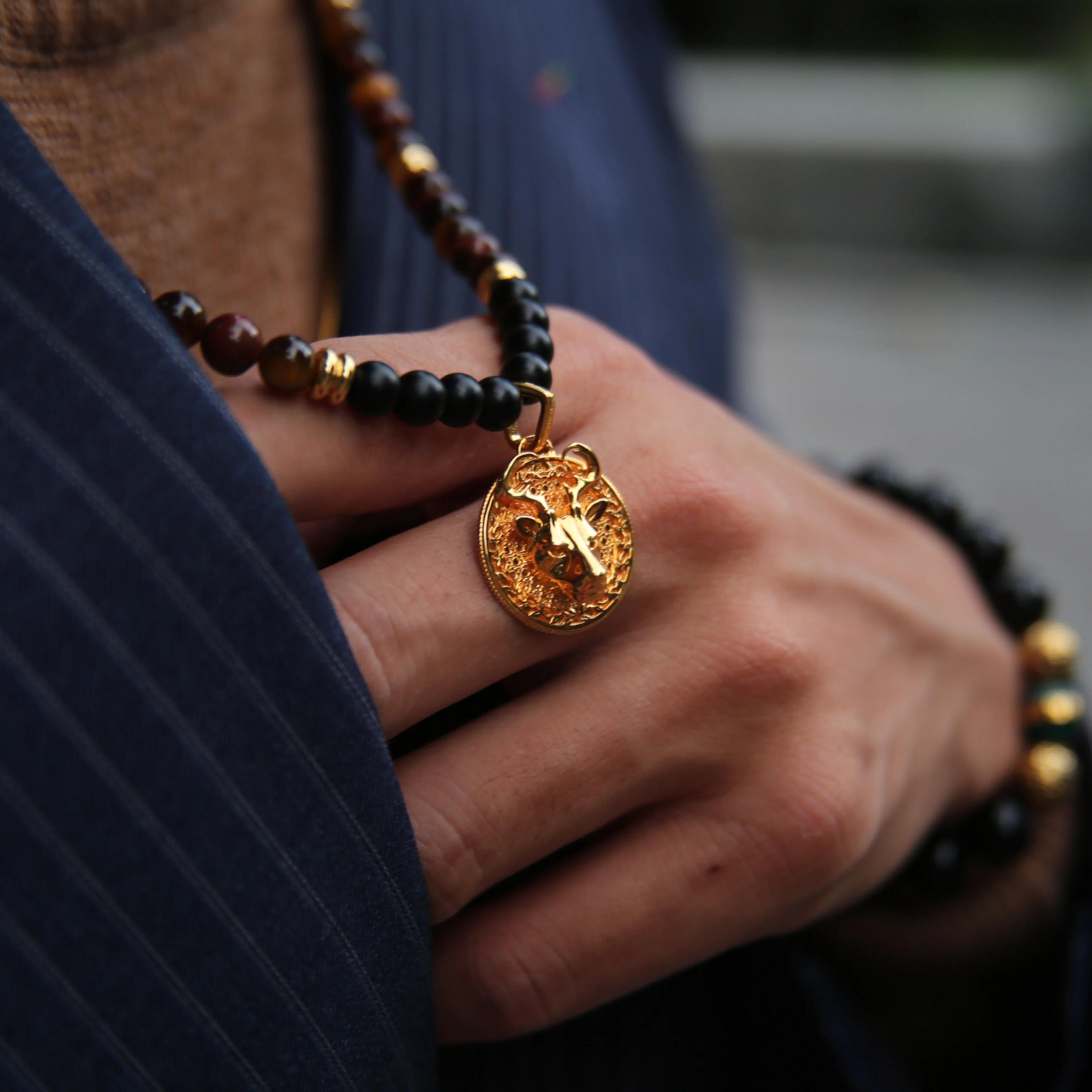 Gold Tiger Eye Beaded Necklace with Pendant - Image 2