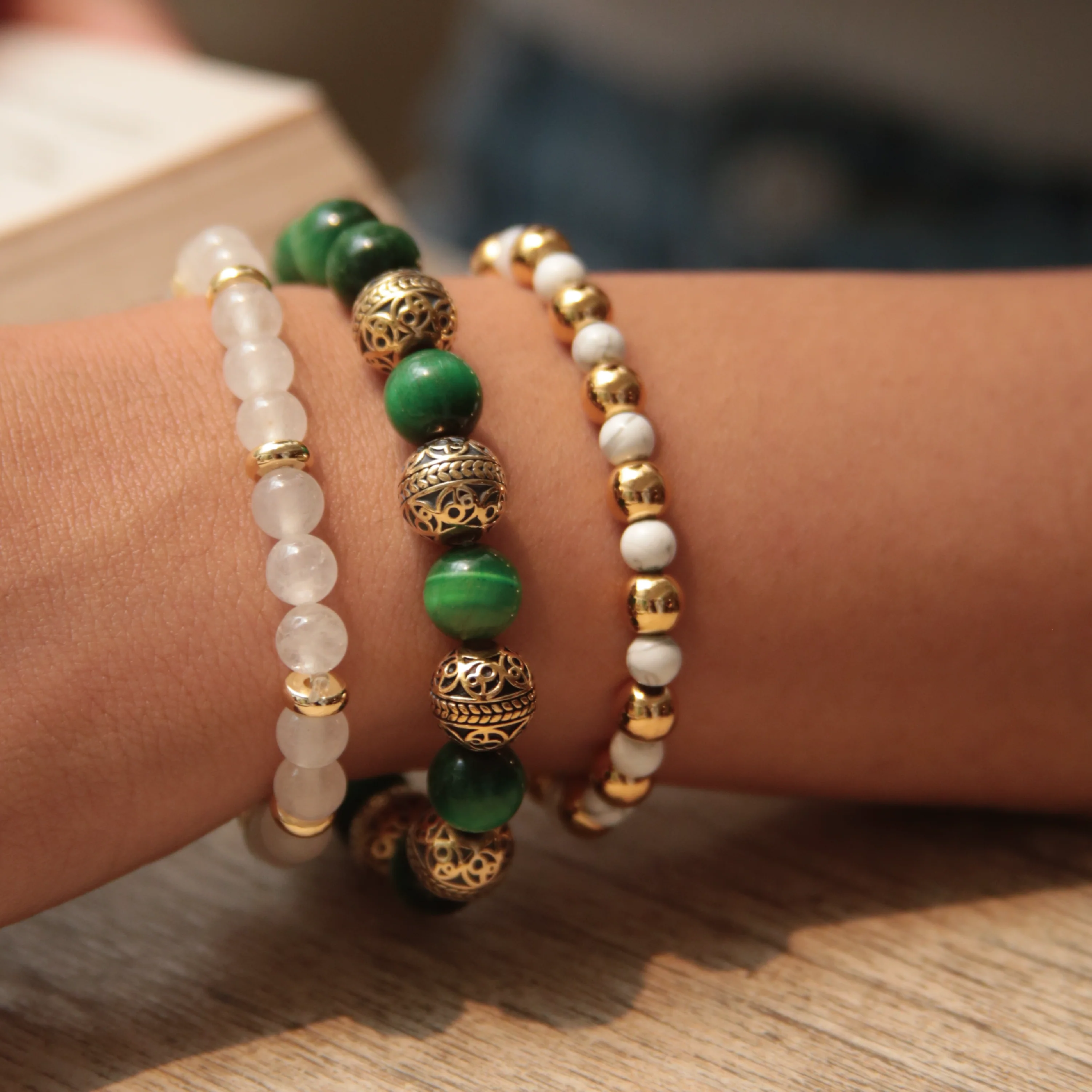 Green Tiger Eye Gold Bracelet with Howlite & White Jade Bracelet - Image 3
