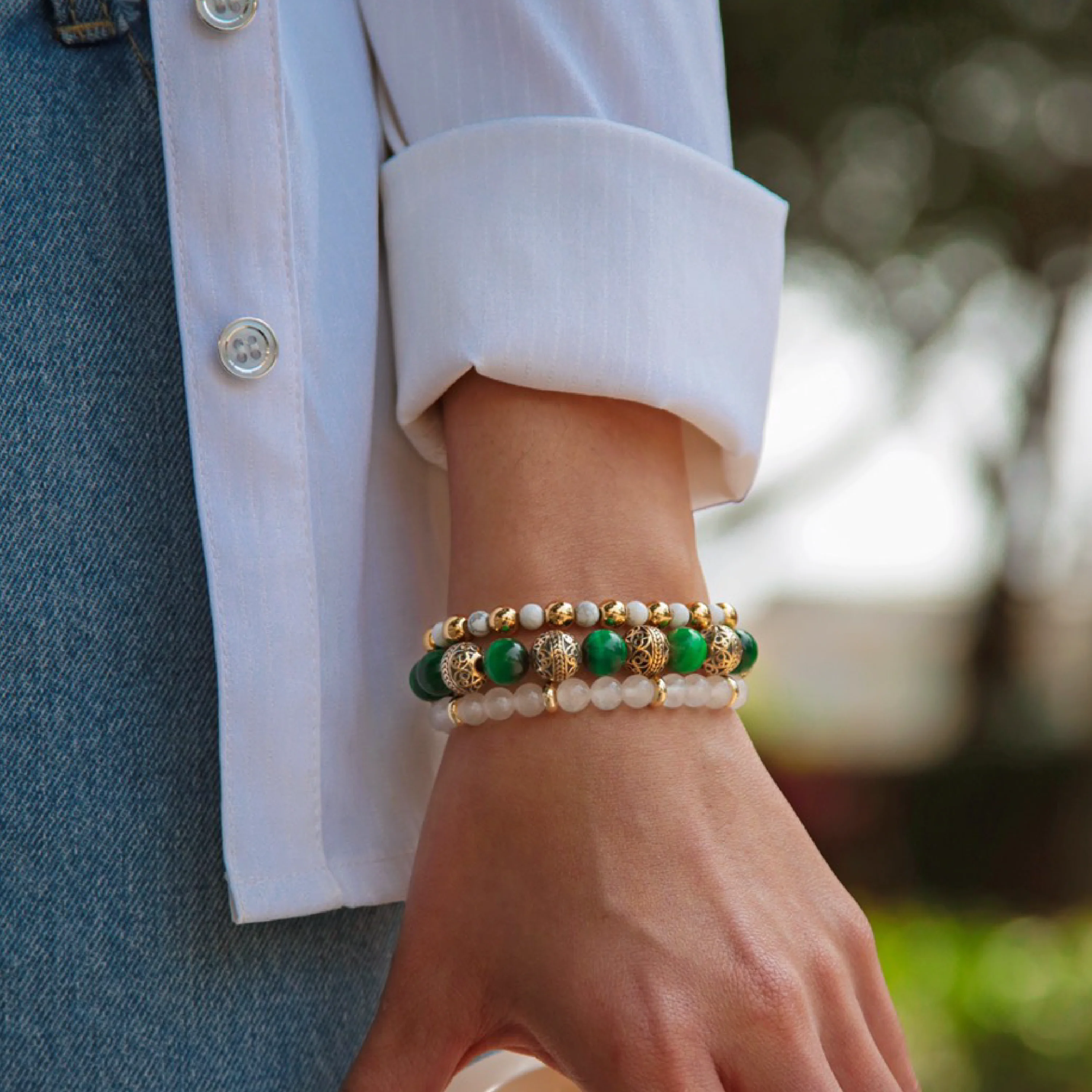 Green Tiger Eye Gold Bracelet with Howlite & White Jade Bracelet - Image 4