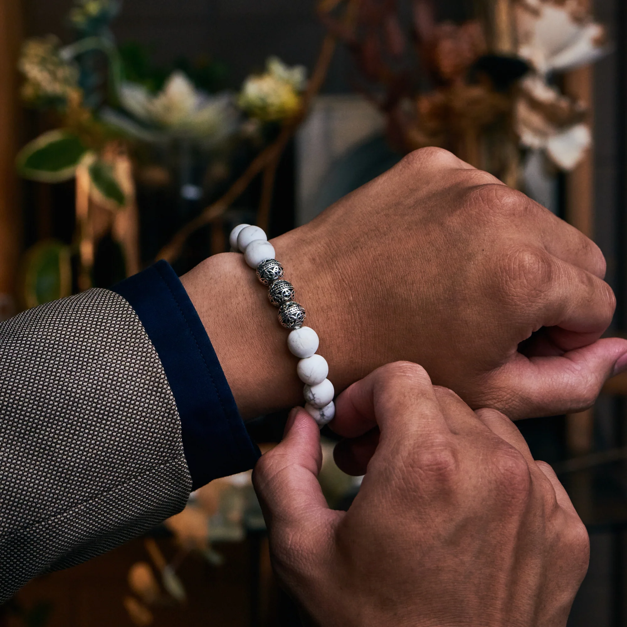 Classic Silver Howlite Beaded Bracelet - Image 4