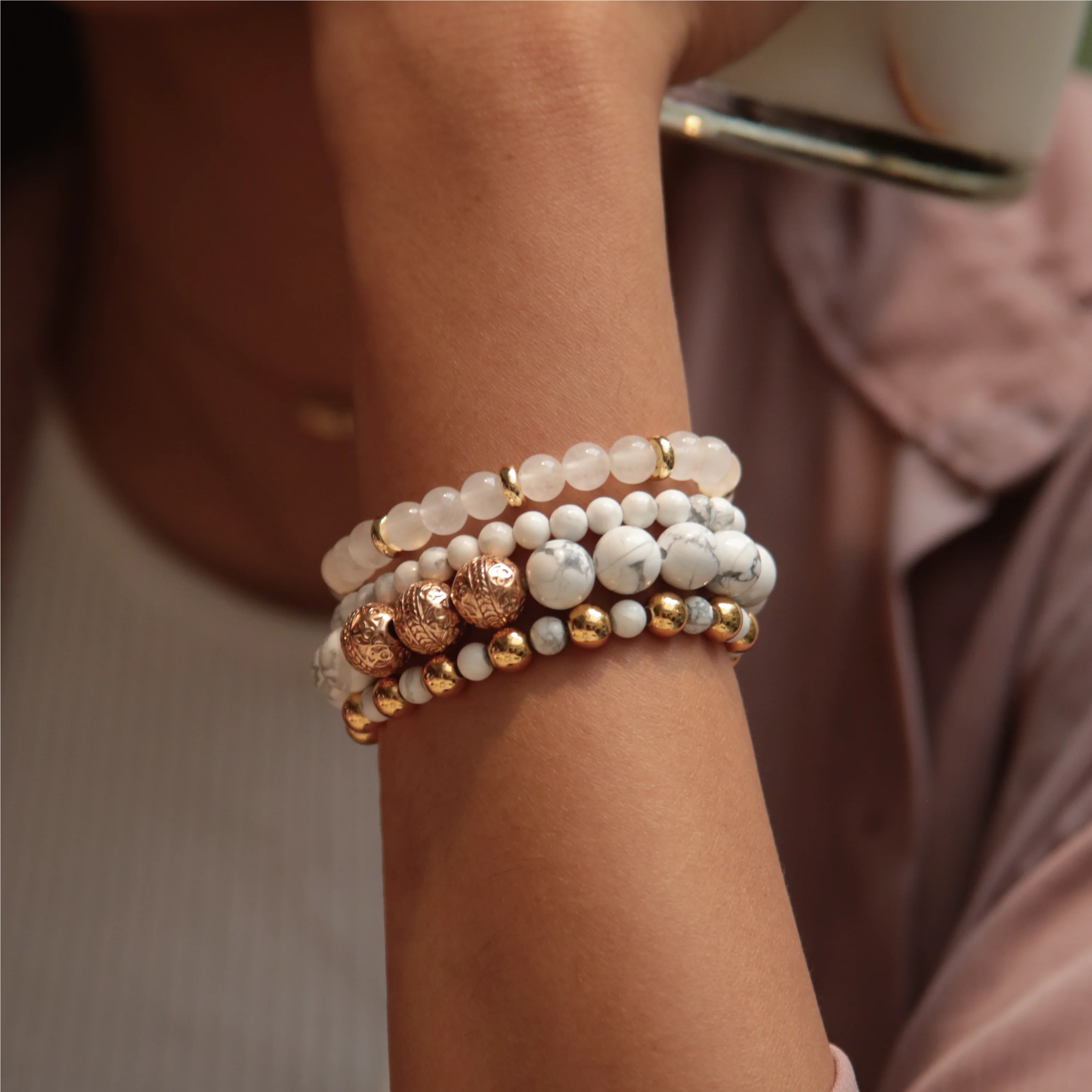 Howlite Rose Gold Bracelet with Howlite and White Jade Bracelet - Image 4
