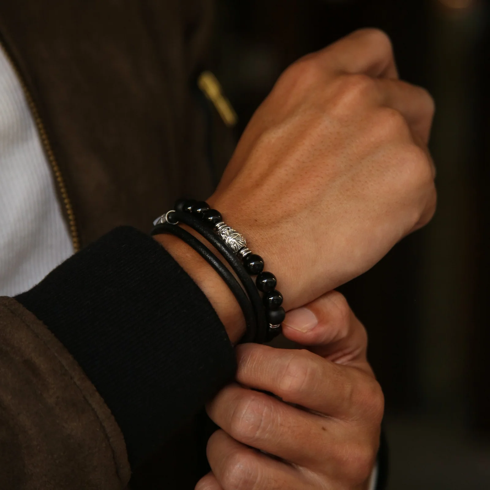 Round Black Leather Wrap Bracelet - Image 3