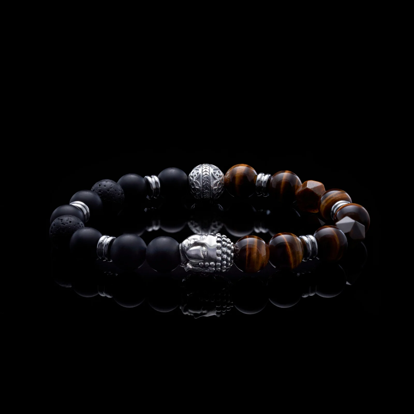 Silver Buddha Bracelet with Obsidian, Tiger Eye, and Lava Stone