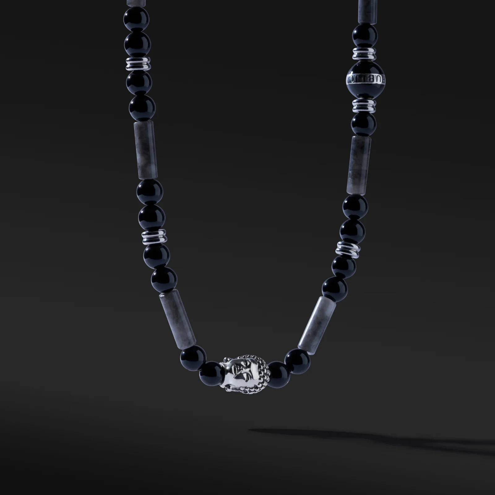 Silver Buddha Necklace, Enamel Bead with Obsidian, PIcasso Jasper