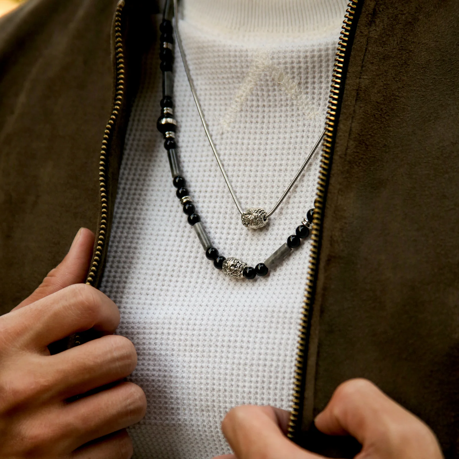 Silver Buddha Necklace, Enamel Bead with Obsidian, PIcasso Jasper - Image 2