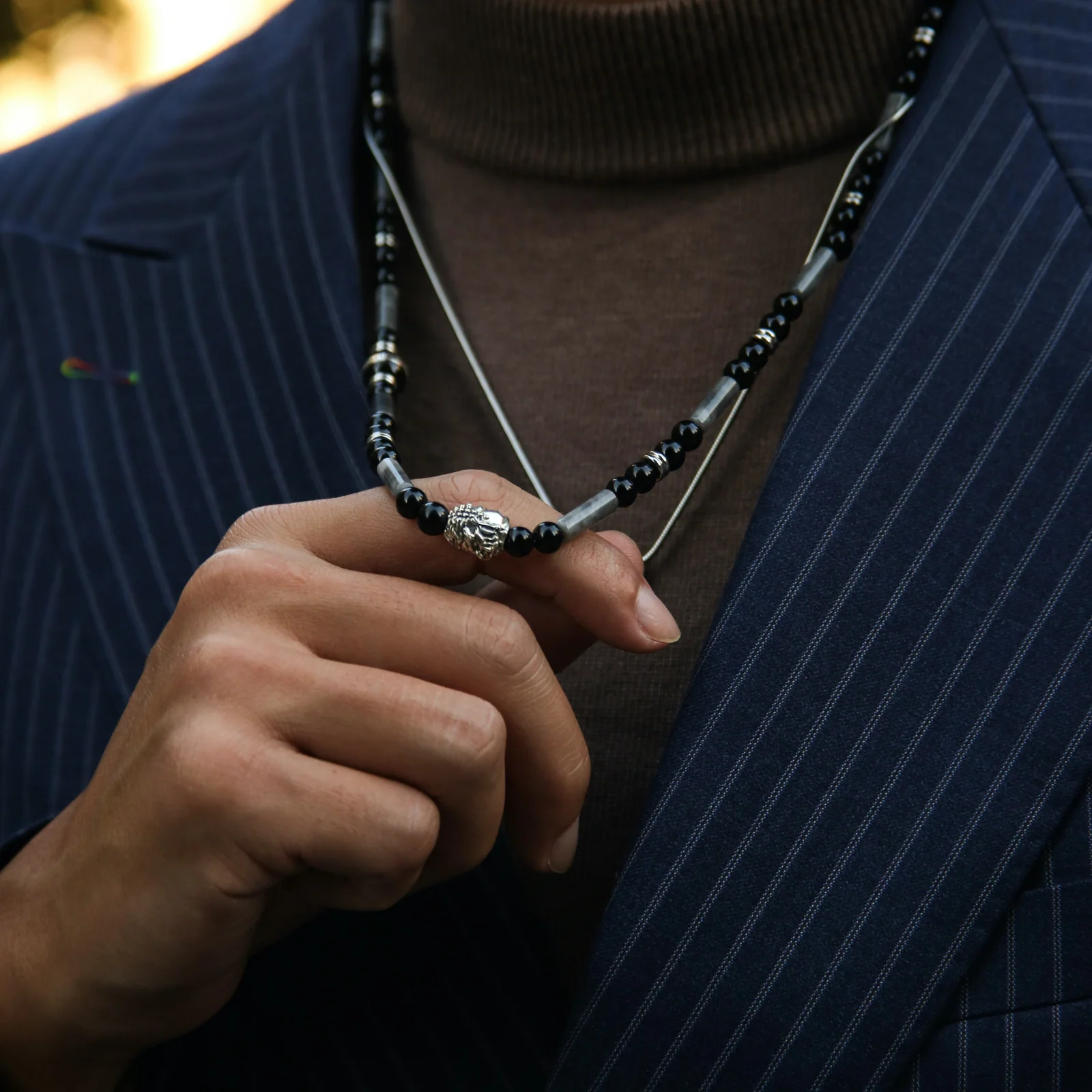 Silver Buddha Necklace, Enamel Bead with Obsidian, PIcasso Jasper - Image 3