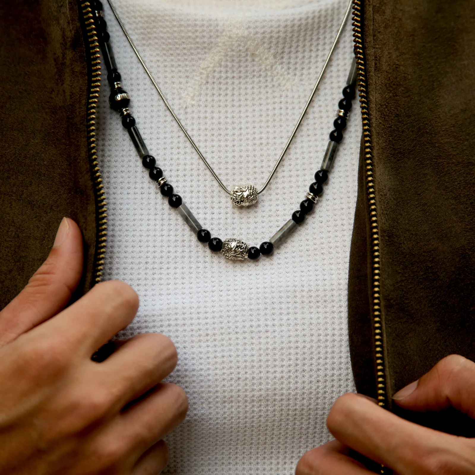 Silver Buddha Necklace, Enamel Bead with Obsidian, PIcasso Jasper - Image 4