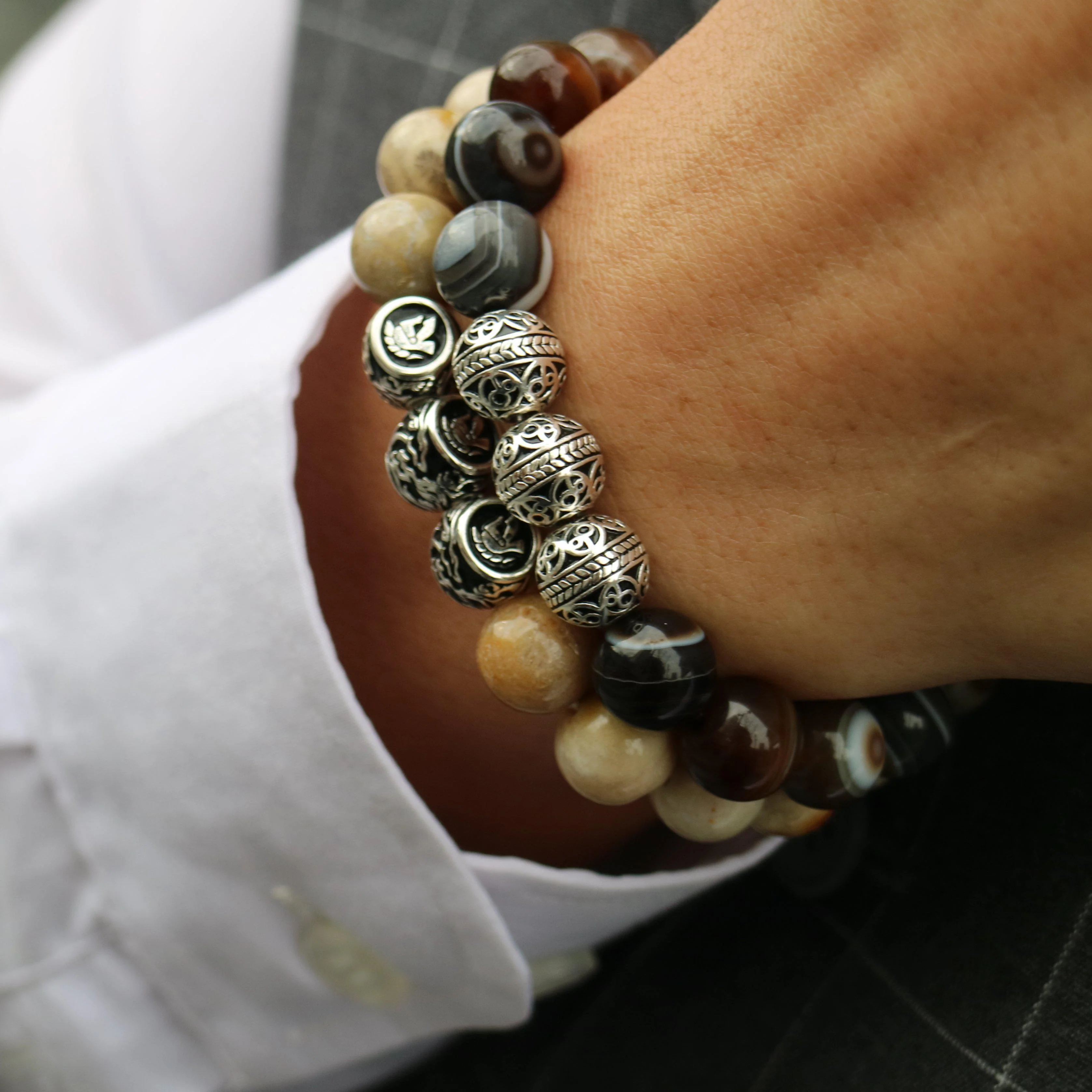 Silver Classic Brown Agate Beaded Bracelet - Image 6