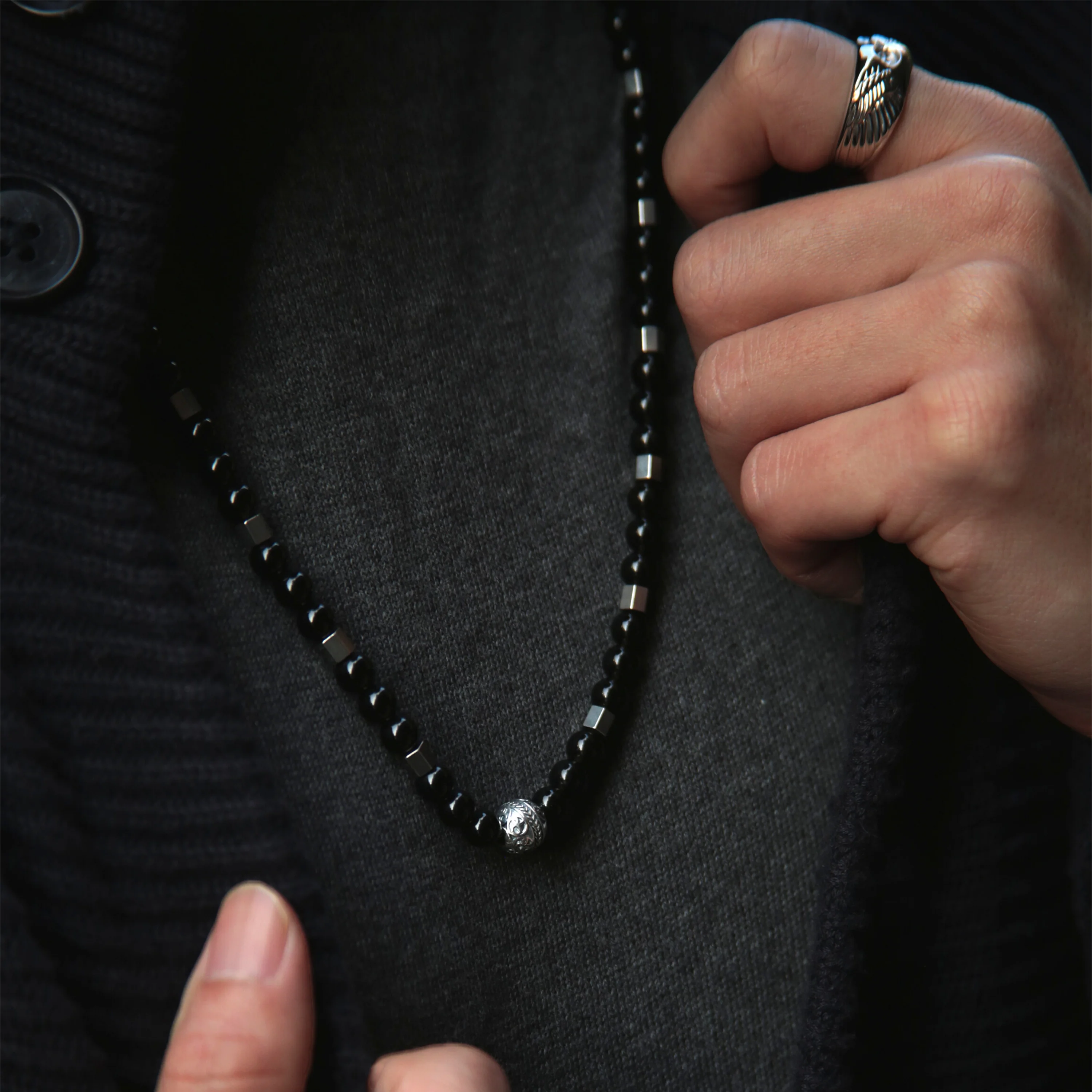 Silver Obsidian Beaded Necklace - Image 3