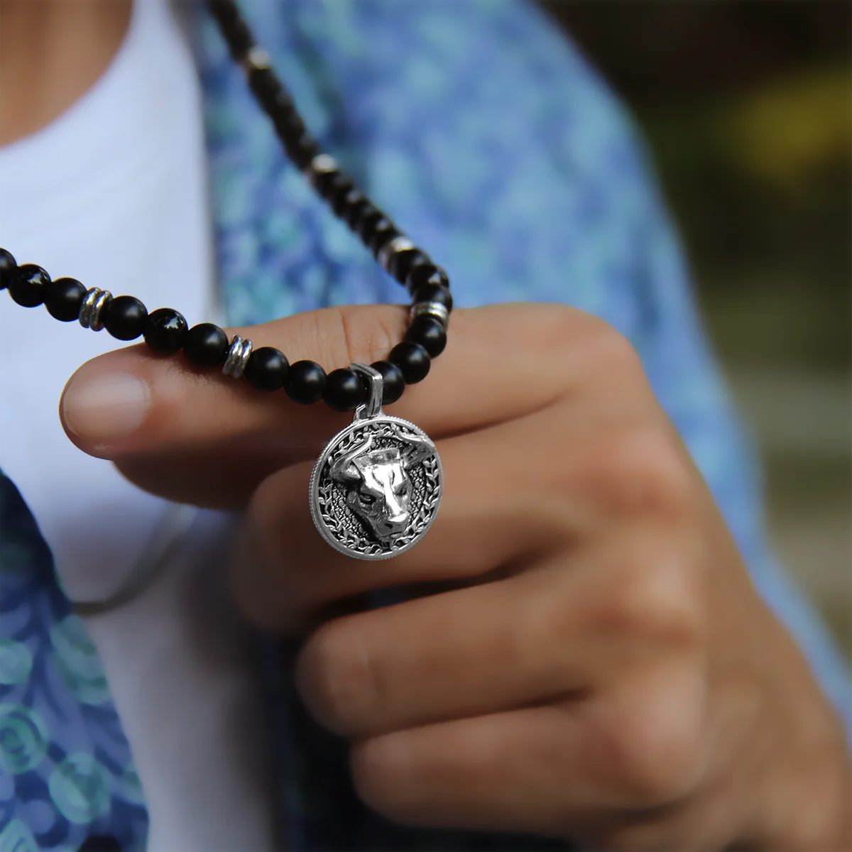 Silver Obsidian Beaded Necklace with Pendant - Image 3