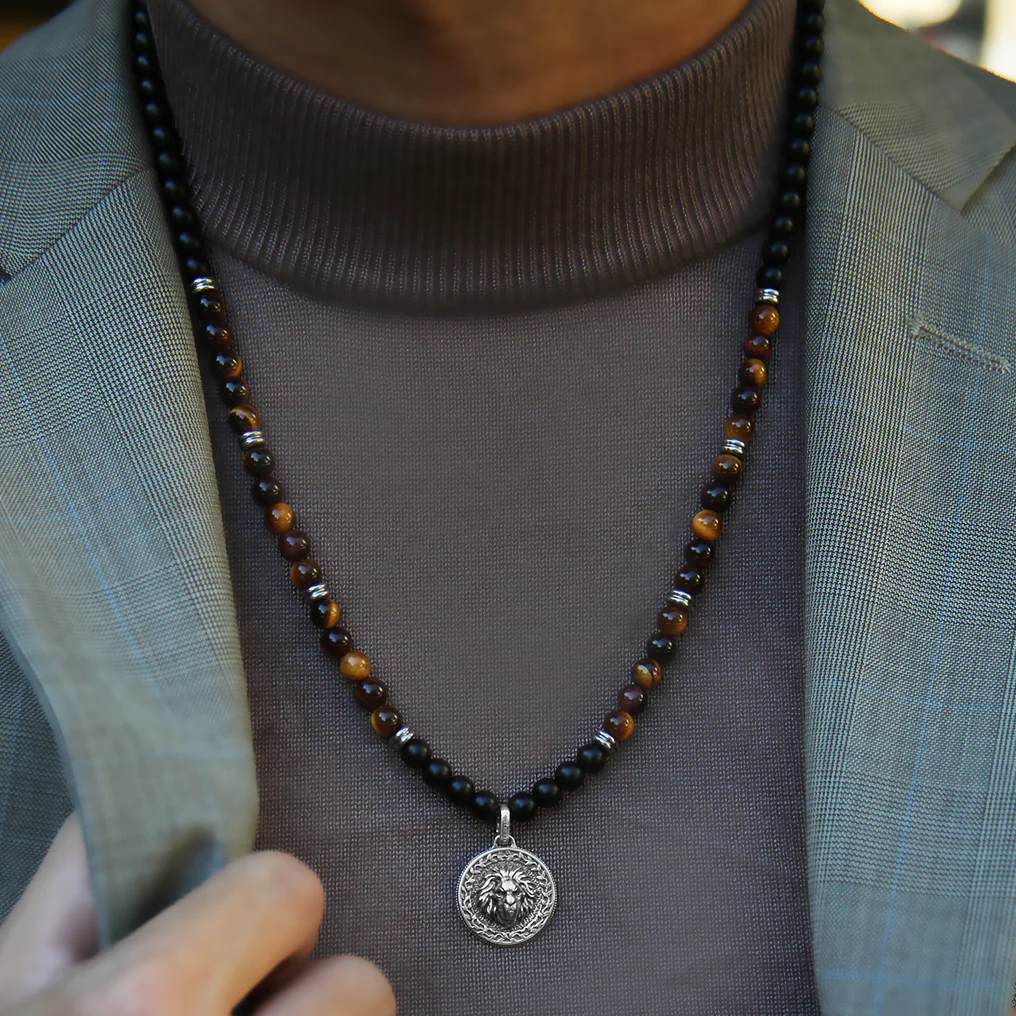 Silver Red Tiger Eye Beaded Necklace with Pendant - Image 5
