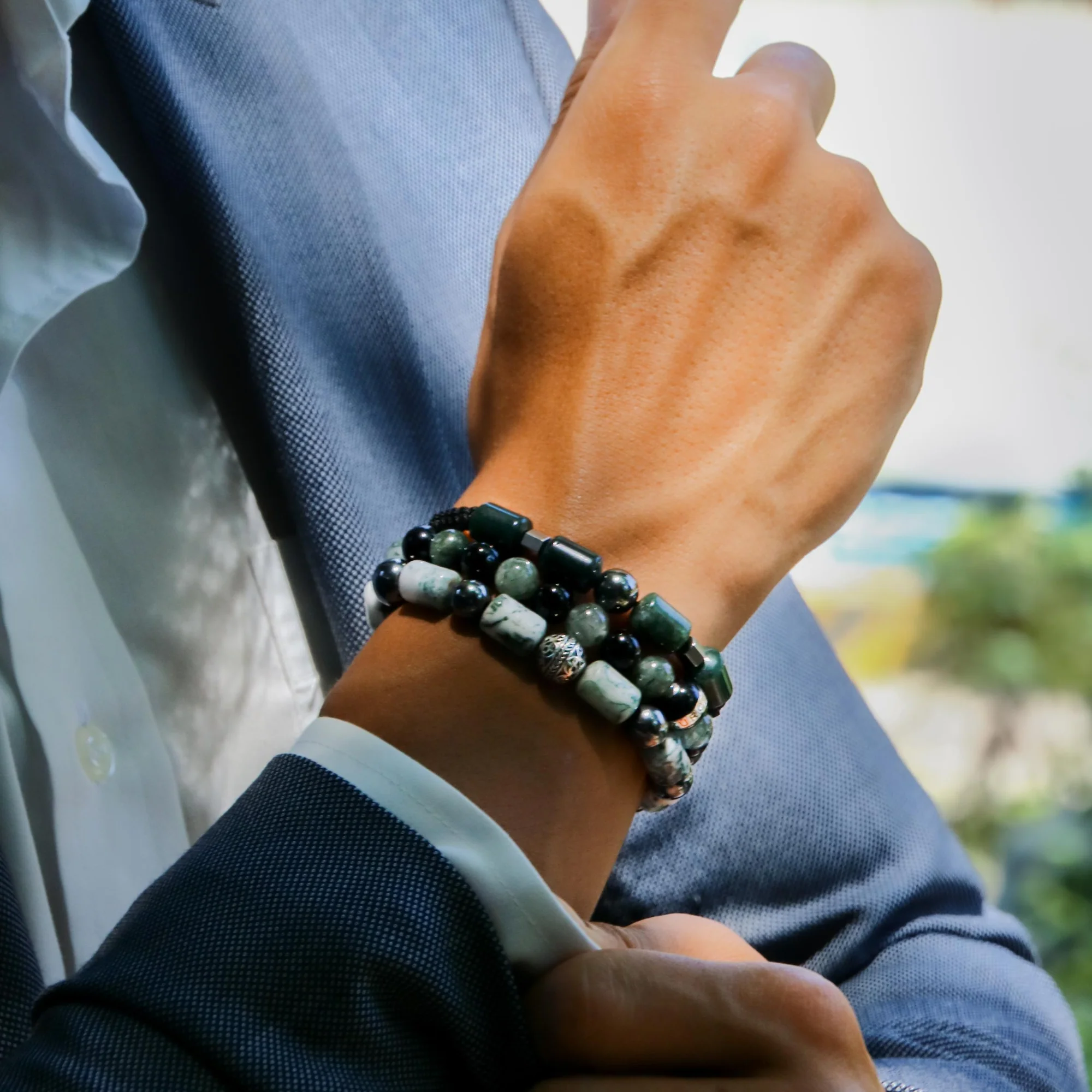 The Eclipse | Men String Bracelet with Hematite Green Rutilated Quartz Stone - Image 4