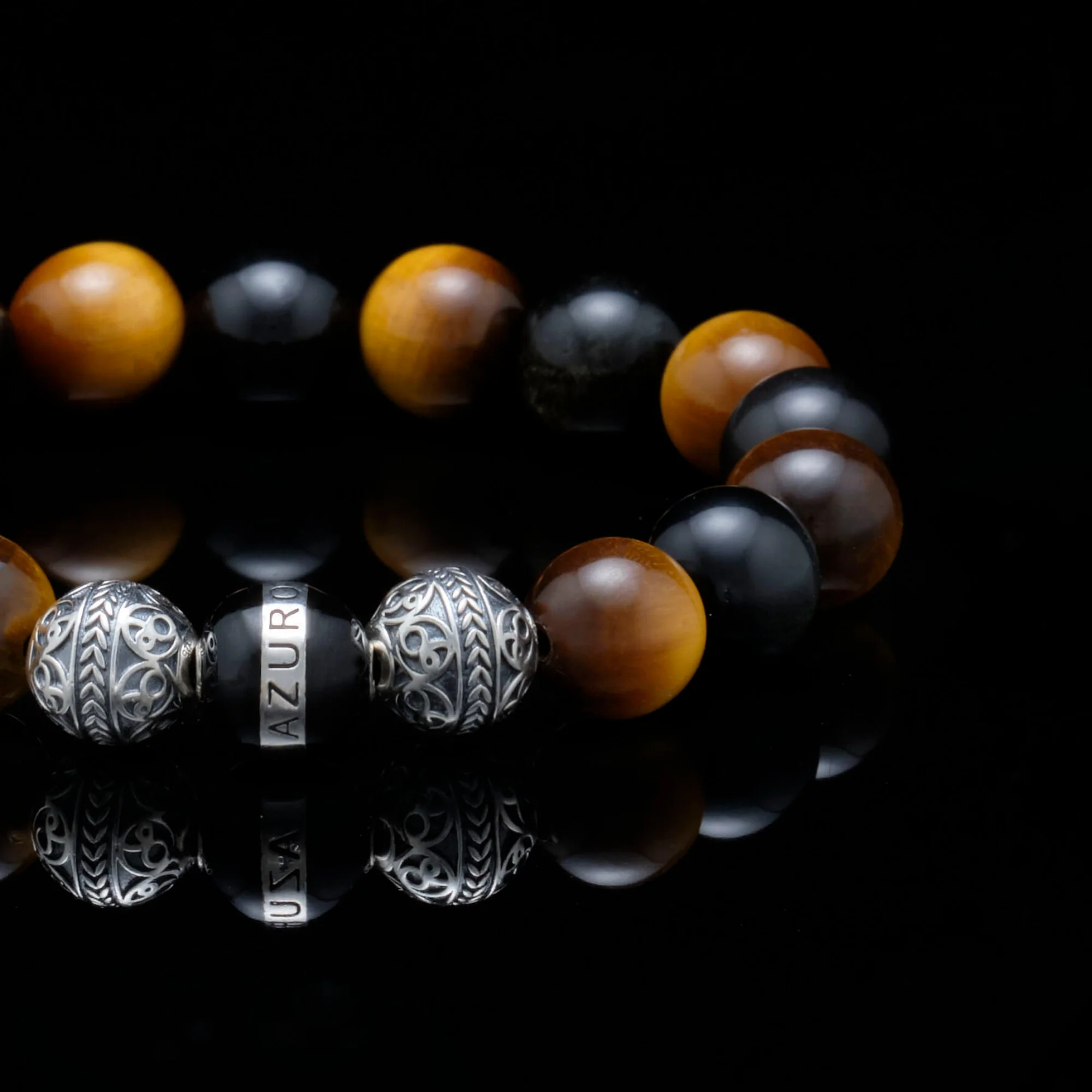 The Crouching Tiger | Silver Enamel Black Obsidian Tiger Eye Beaded Bracelet - Image 2
