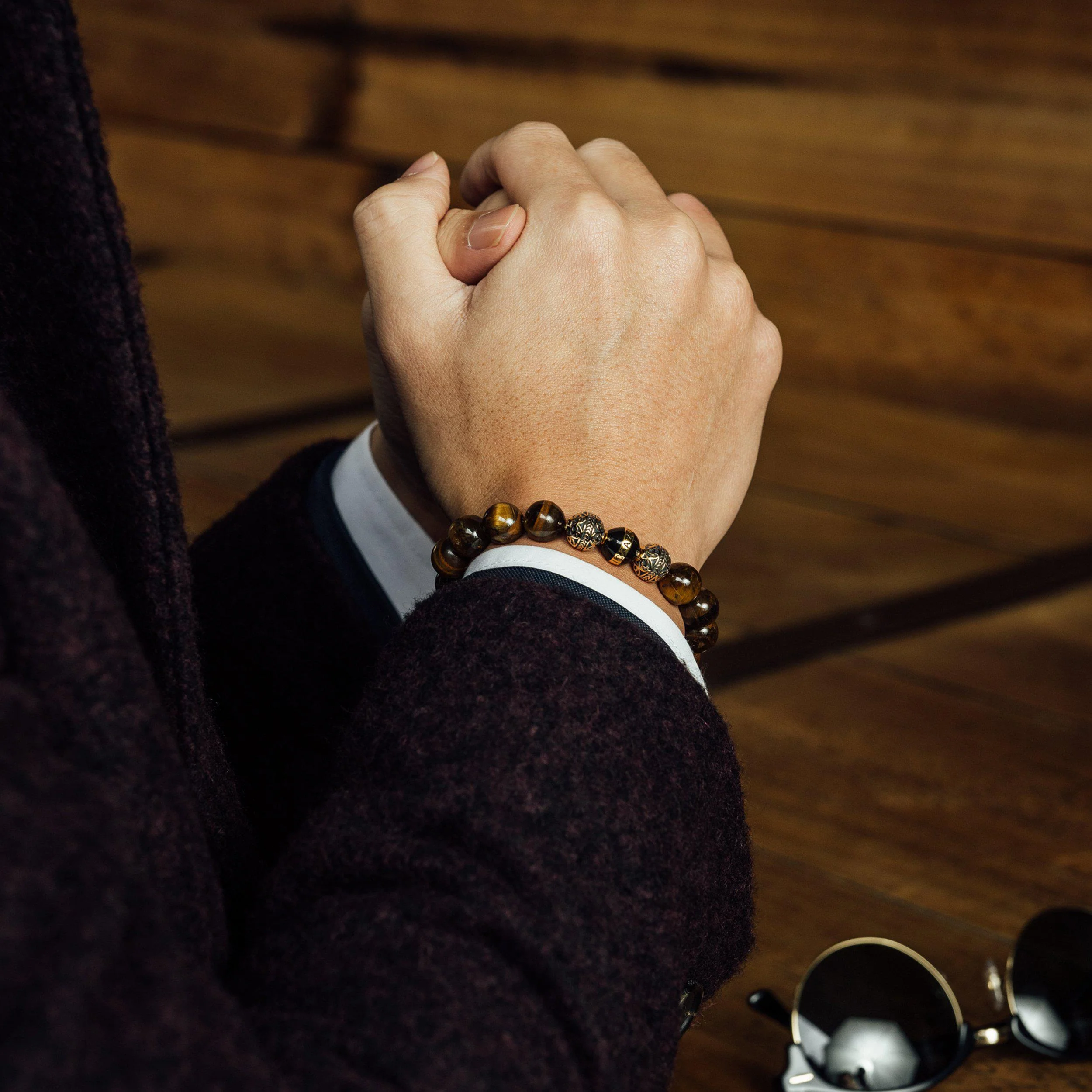 The Crouching Tiger | Silver Enamel Black Obsidian Tiger Eye Beaded Bracelet - Image 4